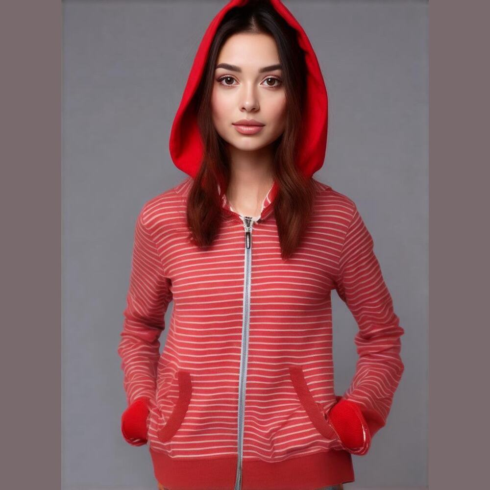 Tommy Hilfiger Orange & White Striped Knit Full Zip Hooded Jacket Women Sz L